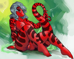 2012 abstract_background anthro areola big_breasts breasts brown_eyes clitoris closed_mouth darkzel erect_nipples eyelashes female flowing_hair grey_hair hair hands long_hair looking_at_viewer markings nails nipples nude pussy salamander sitting smile solo tail_grab tribal_markings