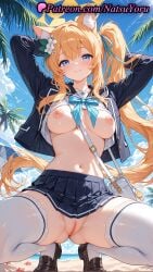 1girls 2025 ai_generated animal_ear_fluff animal_ears arms_behind_head bag blue_archive blue_eyes breasts closed_mouth female flower fox_ears hair_flower hair_ornament halo hi_res highres jacket long_hair long_sleeves looking_at_viewer mari_(blue_archive) natsuyoru navel nipples orange_hair outdoors patreon pleated_skirt pussy school_uniform shirt shirt_lift shoes shoulder_bag skirt smile solo squatting stomach thighhighs voluptuous voluptuous_female white_thighhighs