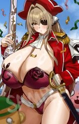 absurdres amagi_brilliant_park antique_firearm breasts cleavage cutlass day eyepatch feipin_zhanshi female firelock flintlock flintlock	 gun highres huge_breasts moffle musket outdoors paid_reward_available sample_watermark sento_isuzu thighs tiramii watermark weaponantique_firearm