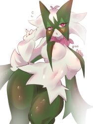 2d anthro areola_slip green_skin meowscarada navel nintendo open_mouth pink_eyes pokemon pokemon_(species) pponpon_pon watermark white_fur white_sclera