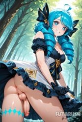 1futa :o ai_generated anus anus_peek blue_eyes blue_hair cock dick dress dress_lift forest forest_background futanari futarush gwen_(league_of_legends) intersex league_of_legends league_of_legends:_wild_rift patreon patreon_username penis riot_games sultryspark twintails