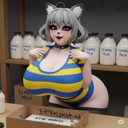 animal_ears, anthro, ass_visible, big_eyes, big_tits, bimbo_aesthetic, bimbo_furry, blush, boob_window, bottle_fetish, breast_focus, breast_milk, bubble_butt, busty_anthro, cartoon_tits, cat_ears, cat_girl, cat_tail, choker, cleavage, collar, curvy_body, erotic_fanart, erotic_neko, exaggerated_proportions, fan_character, fang, furry_fanart, furry_girl, furry_parody, furry_style, furry_tits, grey_hair, heavy_breasts, hips_focus, horny_face, huge_breasts, humanoid_cat, kemonomimi, labeled_milk, lactation_theme, lewd_smile, massive_breasts, milk_bottles, milk_fetish, milkshop, naughty_girl, neko_girl, neko_milk, o-ring, packaging_scene, parody_fanart, playful_expression, plump_ass, product_placement, ring_collar, seductive_pose, sexy_animal_girl, sexy_furry, sfw_but_lewd, shelf_background, shiny_skin, short_hair, soft_breasts, solo_focus, striped_shirt, suggestive_setting, tail_visible, teasing_pose, temmie_(undertale), thicc_catgirl thick_girl, thick_thighs, thighhighs, tits_out, undertale, wide_hips, yellow_and_blue,