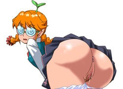 anus ass blush censored dat_ass female freckles freckles_(space_dandy) freckles_on_face glasses opaque_glasses orange_hair panty_pull pointy_ears pubic_hair pussy pussy_juice round_glasses space_dandy twin_braids white_background