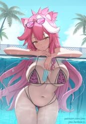 against_glass animal_ears animal_print artist_name bare_shoulders bikini black-framed_eyewear blue_sky blush breast_press breasts breasts_on_glass closed_mouth cloud cloudy_sky day eyewear_on_head fanbox_username female food hair_intakes highres holding holding_food holding_popsicle hololive hololive_english hololive_english_-justice- huge_breasts ice_cream joko_jmc leopard_print leopard_print_bikini long_hair looking_at_viewer multicolored_hair navel outdoors palm_tree panther_ears panther_girl partially_submerged patreon_username pink-tinted_eyewear pink_bikini pink_hair popsicle raora_panthera sky smile solo stomach streaked_hair sunglasses swimsuit thighs tinted_eyewear tree two-tone_hair virtual_youtuber yellow_eyes