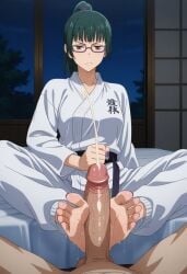 ai_generated cumshot foot_fetish footjob jujutsu_kaisen karate_outfit maki_zenin pov serious_look uncensored