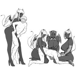 1boy 3girls 3girls1boy big_breasts blush cfnm clothed_female_nude_male dark-skinned_female dark_skin demon demon_girl demon_horns embarrassed embarrassed_nude_male enkozaru femdom fishnets height_difference high_heels horns huge_breasts large_breasts molestation panicking pointy_ears size_difference spade_tail succubus sweat sweating tail tall_female taller_female taller_girl third-party_edit wings