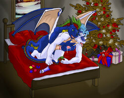 anal anal_sex anthro bed christmas condom doggy_style dragon erection from_behind furry gay gift greedo holidays male masturbation no_humans open_mouth penetration penis tongue tongue_out