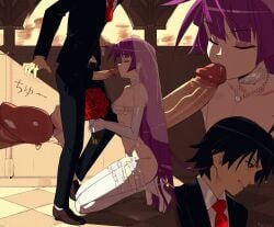 1boy 1boy1girl 1girls araragi_koyomi aseiusx bakemonogatari black_hair blowjob closed_eyes fellatio female human kneeling kneeling_female kneeling_oral_position long_hair male necklace oral penis purple_hair senjougahara_hitagi sex straight very_long_hair wedding_dress