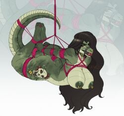 4_toes 5_fingers all_fours angry anthro arms_tied athletic athletic_anthro athletic_female ball_gag big_breasts black_eyebrows bondage bondage bound breast_bondage breasts brown_hair claws crocodile crocodilian eyebrows eyelashes facial_piercing feet female finger_claws fingers fully_bound gag gagged genitals green_body green_nipples green_scales hair half-closed_eyes hands_behind_back harness harness_ball_gag harness_gag horn huge_breasts leg_tattoo legs_tied looking_back mouth_closed multicolored_body multicolored_scales muzzle_(object) narrowed_eyes nipple_piercing nipple_ring nipples non-mammal_breasts non-mammal_nipples nose_piercing nose_ring nude nude_anthro nude_female open_mouth open_mouth_gag piercing reptile restraints ring_piercing rope rope_bondage rope_harness scales scalie sharp_teeth solo submissive submissive_anthro submissive_female suspension suspension_bondage tail tail_bondage tail_tied tattoo teeth toe_claws toes two_tone_body two_tone_scales yellow_eyes zeveth