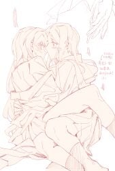 2girls bang_dream! bang_dream!_it's_mygo!!!!! between_legs blush chihaya_anon chinese_commentary chinese_text closed_mouth commentary_request commission hand_on_another's_waist haneoka_school_uniform highres jacket kneehighs lanserongjie long_sleeves monochrome multiple_girls nagasaki_soyo off_shoulder pussy_juice school_uniform second-party_source shirt socks translation_request tsukinomori_school_uniform yuri