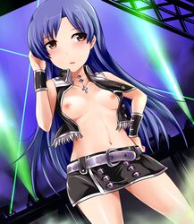 bare_shoulders belt blue_hair blush breasts brown_eyes cool_&_sexy_(idolmaster) female hand_on_hip highres idolmaster kisaragi_chihaya long_hair nipples open_clothes open_mouth open_shirt skirt solo stage wristband yoshimo