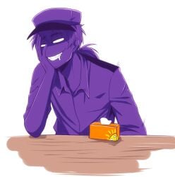 drooling five_nights_at_freddy's fnaf masturbation purple_guy_(fnaf) rebornica smile tissue_box under_the_table vincent_(fnaf)