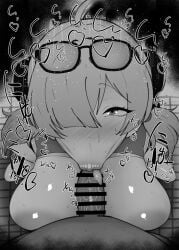 1boy 1girls :>= big_breasts big_penis black_and_white blush breasts censored dark-skinned_male dark_skin detailed_background drooling eyelashes fellatio female female_focus glasses hair_over_one_eye heart human indoor inside interracial kurotama looking_at_viewer male male_pov oral oral_sex penis room saliva shiny shiny_skin short_hair sketch sound_effects squatting sunglasses sunglasses_on_head sweat sweety_(zenless_zone_zero) text tied_hair tongue_out vein veins veiny veiny_penis zenless_zone_zero