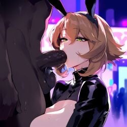 1boy 1girls ai_generated big_breasts breasts bunny_ears dark-skinned_male fellatio female female_focus female_only huge_breasts kantai_collection large_breasts light-skinned_female looking_at_viewer looking_pleasured mature_female milf mutsu_(kantai_collection) navel pasties reverse_bunnysuit short_hair thick_thighs thighs