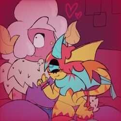 adult_attmoz ass attmoz bikini blue_sclera blush boner boner_in_underwear butt_focus cameltoe cyclops devil_tail glasses grabbing_ass horns looking_away monster my_singing_monsters oc_x_canon orange_markings original_character pink_body pink_hair red_hair seduced seducing selfship sitting_on_sofa speedo striped_bikini thighhighs tr3ebranch wings_on_head yellow_body yumeshipping