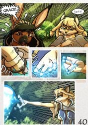 absurd_res anthro big_breasts black_hair blonde_hair blue_eyes breasts brown_body brown_eyes brown_eyes brown_fur canid canine comic fantasy female fight fox fur grace_o'malley hair hi_res lagomorph leporid long_hair magic mammal markings medieval megan_bryar rabbit spots spotted_body spotted_fur the_quest_for_quests tqfq white_body white_fur yellow_body yellow_fur zaiksmckraven