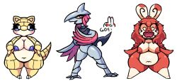 anthro belly big_breasts blue_eyes breasts female gdei generation_1_pokemon generation_2_pokemon generation_3_pokemon group hair multicolored_body narrowed_eyes nintendo open_mouth pokemon pokemon_(species) red_eyes red_hair sandshrew short_stack skarmory slightly_chubby slightly_chubby_female spinda thick_thighs trio wings