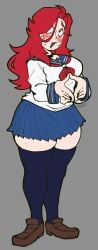 2021 2d black_nail_polish blue_skirt brown_shoes cat_mouth embarrassed huge_breasts mob_psycho_100 red_eyes red_hair school_uniform stockings sweat thick_thighs toon_michaela toxicsoul77 voluptuous white_shirt