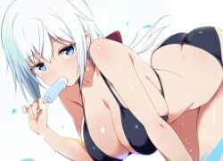 architect_(frame_arms_girl) ass bent_over bikini black_bikini blue_eyes breasts butt_crack cleavage female food food_in_mouth frame_arms_girl hair_ribbon ko_pot-au-feu large_breasts looking_at_viewer low_ponytail melting_popsicle ponytail popsicle popsicle_in_mouth red_ribbon ribbon short_hair solo strap_gap swimsuit thighs white_hair