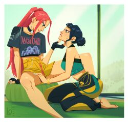 2girls asian asian_female barefoot biting_lip biting_own_lip chin_grab clothed crop_top eye_contact female/female female_only hair_bun high-waist_shorts kneeling kpop_demon_hunters looking_at_another lophilia_spicy mira_(kpop_demon_hunters) multiple_girls pink_hair shorts sitting sweatdrop t-shirt two_side_up yuri zoey_(kpop_demon_hunters)