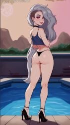ai_generated ass_focus big_ass bikini bikini_bottom bikini_top earrings female from_behind grey_hair helluva_boss high_heels jewelry legs long long_hair looking_back loona_(helluva_boss) makeup patreon.com/raivenart1girls raiven red_eyes side_swept_hair solo_female standing tank_top thick_thighs thong