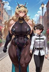 1boy 1boy1girl 1girls abs ai_generated bare_shoulders barghest_(gawain)_(fate) bigger_female black_dress black_gloves black_hair blonde_hair blue_eyes blush breasts couple covered_navel duo elbow_gloves fate/grand_order fate_(series) fujimaru_ritsuka_(male) green_eyes hair_ornament hand_holding height_difference heterochromia highres holding_hands huge_breasts large_breasts long_hair looking_at_another muscular muscular_female nbaghu pantyhose pelvic_curtain red_eyes shiny_skin short_hair sideboob size_difference sleeveless taller_female taller_girl thick_thighs very_long_hair walking wide_hips