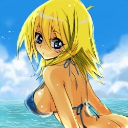 ass beach bikini bikini_top_only blush bottomless breasts dark_magician_girl day duel_monster female female_focus gm large_breasts looking_at_viewer looking_back naked_from_the_waist_down no_panties outdoors sideboob solo swimsuit yu-gi-oh! yu-gi-oh!_duel_monsters