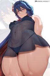 1girls abs arcedo bikini bikini_bottom bikini_top blue_bikini blue_eyes blue_hair blush bottomwear breasts cape cleavage clothing female female_only fire_emblem fire_emblem_awakening flower flower_in_hair hair hair_ornament lucina_(fire_emblem) nintendo short_hair small_breasts smile solo solo_female swimwear thick_thighs thighs thunder_thighs topwear