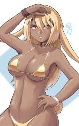 1girls arm_above_head arm_up armpit armpit_crease armpit_peek armpits bare_armpits bare_arms bare_belly bare_chest bare_hands bare_hips bare_midriff bare_navel bare_shoulders bare_skin bare_thighs belly belly_button big_breasts bikini bikini_bottom bikini_only bikini_top blonde_eyebrows blonde_female blonde_hair blonde_hair blonde_hair_female breasts brown-skinned_female brown_skin brown_skinned_female bunny_girl busty busty_female busty_girl choker collar collarbone curvaceous curvaceous_body curvaceous_female curvaceous_figure curvaceous_hips curvy curvy_body curvy_female curvy_figure curvy_hips elbows exposed_armpits exposed_arms exposed_belly exposed_chest exposed_hips exposed_midriff exposed_navel exposed_shoulders exposed_skin exposed_thighs female female_focus female_only fingernails fingers gold_bikini gold_bikini_bottom gold_bikini_top gold_string_bikini gold_swimsuit gold_swimwear hair_between_eyes hairless_armpits halterneck hand_above_head hand_on_hip hand_on_own_hip hand_on_own_waist hand_on_waist hand_up high_resolution highres hourglass_figure large_breasts lean_figure long_hair looking_at_viewer midriff miel_the_rat narrow_waist navel original original_art original_artwork original_character parted_lips pink_eyes pink_eyes_female plump_breasts rabbit_ears rabbit_girl rabbit_tail shaved_armpits shoulders simple_background slender_body slender_waist slim_waist solo standing string_bikini swimsuit swimwear upper_body white_background white_pupils wide_hips yellow_eyebrows yellow_hair yellow_hair_female
