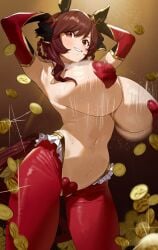 absurdres alternate_costume animal_ears armpits arms_up bad_id bad_pixiv_id blush bouncing_breasts breasts coin covered_nipples covered_pussy cowboy_shot elbow_gloves feipin_zhanshi female gentildonna_(umamusume) gloves hair_ornament hair_rings heart_maebari heart_pasties highres horse_ears horse_girl huge_breasts looking_at_viewer maebari navel nontraditional_playboy_bunny paid_reward_available pasties red_eyes revealing_clothes reverse_bunnysuit reverse_outfit smile solo sweat thick_thighs thighsmeme_attire	 umamusume