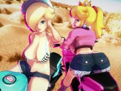2girls 3d_(artwork) ass ass bike biker_girl blonde_hair breasts dume female female_only koikatsu koikatsu_(medium) light-skinned_female light_skin long_hair mario_kart mario_kart_world nintendo princess princess_peach princess_rosalina super_mario_bros. super_mario_galaxy