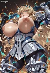 1girls ai_generated areolae armor armored_female barghest_(gawain)_(fate) blonde_hair blue_eyes bodysuit breasts_out chains fate/grand_order fate_(series) greaves green_eyes heterochromia highres holding holding_weapon huge_breasts large_areolae long_hair muscular muscular_female muscular_thighs nbaghu nipples shiny_skin sweat sword thick_thighs torn_clothes very_long_hair wide_hips
