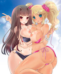 ass asymmetrical_docking bikini black_bikini blonde_hair blue_eyes blush bra bra_pull bracelet breast_press breasts breasts_out brown_hair curvy dark-skinned_female female ganguro gyaru hair_intakes hair_ornament huge_breasts jewelry long_hair multiple_girls nail_polish navel nipples o-ring_bottom original outdoors pink_bikini puffy_nipples red_eyes side-tie_bikini standing swimsuit symmetrical_docking tan tanline tanlines tied_hair twintails underwear usubeni_sakurako v wide_hips