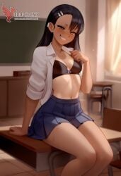 1girls 2d ai_generated areolae ass back bare_shoulders big_ass black_hair blue_eyes bra brown_eyes dark_skin dark_skinned_female day erophoenix female female_focus full_body hairclip hayase_nagatoro jewelry long_hair looking_at_viewer one-piece_tan panties patreon_username please_don't_bully_me,_nagatoro sitting skin_fang small_breasts smile solo tan tan_body tan_lines tanline thick thick_thighs uncensored underwear undressing
