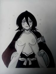 black_hair bleach bleach:_the_thousand-year_blood_war blush boobs_out breast_grab breast_squeeze breasts female grabbing_breasts grabbing_hands kuchiki_rukia kuchiki_rukia short_hair smaller_female touching_breast traditional_media traditional_media_(artwork)