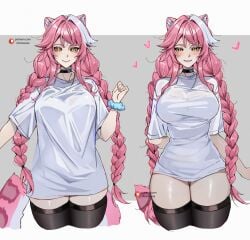 absurdres animal_ears black_choker blue_scrunchie blush braid breasts choker closed_mouth commentary cropped_arm cropped_legs english_commentary female fingernails grin hair_intakes heart highres hololive hololive_english hololive_english_-justice- keisea large_breasts long_hair looking_at_viewer meme multicolored_hair nail_polish pajamas_challenge_(meme) panther_ears panther_girl panther_tail pink_hair pink_nails raora_panthera scrunchie shirt shirt_tug short_sleeves simple_background smile solo_focus streaked_hair t-shirt tail thighs twin_braids twintails two-tone_hair virtual_youtuber white_background white_shirt wrist_scrunchie yellow_eyes
