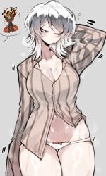 1girls big_breasts blue_eyes blush bottomless breasts dante_(limbus_company) faust_(limbus_company) female limbus_company looking_at_viewer one_eye_closed panties partially_clothed project_moon ribbon shigezie short_hair sleepy standing sweat sweating sweating_female thick_thighs wet white_hair