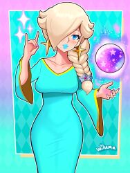 1girls alternate_version_available blonde_hair blue_dress blue_eyes blue_lipstick busty curvy dress earrings female hair_over_one_eye light-skinned_female light_skin long_dress mario_(series) nintendo princess_rosalina tight_clothing wiluma