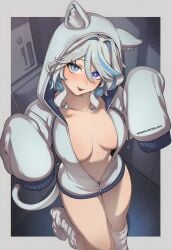 1girls ai_generated breasts cat_ears cat_tail female female_focus female_only furina_(genshin_impact) genshin_impact hoodie large_breasts light-skinned_female light_skin looking_at_viewer midriff pose sidillusts solo sweater thighs wide_hips