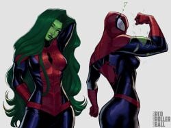 1girls cosplay female green_skin large_breasts large_muscles long_hair marvel redrollerball she-hulk shiny_hair spider-man_(series) spider-man_suit very_long_hair