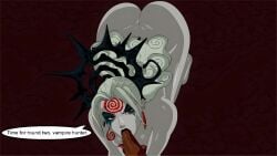 2d 2d_(artwork) big_penis blade_(marvel_comics) blade_(marvel_rivals) curvaceous curvaceous_female dark_background dark_lipstick dialogue dialogue_bubble doggy_style female fully_nude_female goddess_of_death hair hela hela_(marvel_rivals) hela_(queen_in_black) light light-skinned long looking_at_partner male male/female marvel marvel_rivals mouth_on_penis naked_female penis_on_mouth red_eyes skin webart20 white