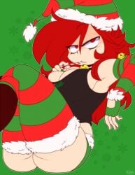 2d armpits breasts candy_cane christmas fingerless_gloves green_background jingle_bell looking_at_viewer lustful_gaze mistletoe red_eyes red_hair sitting snowflakes stockings tank_top toon_michaela toxicsoul77