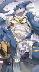 abs anthro dylan_(alvintanubis) fish genitals glans hi_res looking_at_viewer luodejun male marine muscular muscular_anthro muscular_male navel neckl nipple_piercing nipple_ring nipples pecs penis piercing ring_piercing scar shark solo