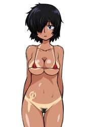 areola_slip areolae bikini bikini_top black_eyes black_hair bottomless breasts cleavage hair_over_one_eyes hips karsarutobi_asumaru large_breasts micro_bikini navel nazo_no_kanojo_x pubic_hair pussy short_hair swimsuit tan tanline urabe_mikoto