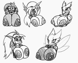 2024 anthro areola avian beak big_breasts blush breasts clenched_teeth collar dragon-heart eagle_talon eyebrows eyelashes female fingers group hand_on_breast helluva_boss hi_res hollow_knight jewelry malon mouth_closed nipples octavia_(helluva_boss) open_mouth open_smile pupils smile team_cherry teeth white_sclera widow wings