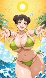 1girls ai_generated axosnax bare_legs bare_shoulders beach belly belly_button bikini bikini_bottom bikini_top blush boruto:_naruto_next_generations bracelet braid braided_bun braided_hair breasts brown_eyes brown_hair cleavage collarbone dark_brown_hair double_bun earrings female female_only front_view hair_bun happy happy_female hourglass_figure hourglass_figured_female in_water jewelry light-skinned_female light_skin long_hair mature mature_female midriff milf naruto naruto_(series) navel ocean outdoors palm_tree partially_submerged petite pinup reaching_out reaching_towards_viewer revealing_swimsuit shiny shiny_hair shiny_skin side-tie_bikini skindentation smile solo solo_focus spread_arms sunlight swimsuit tenten thick_thighs thighs voluptuous voluptuous_female water water_splash waves