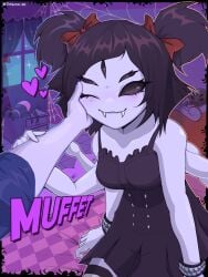 2d :3 anthro armband bed bedroom black_clothing black_eyelashes black_eyes black_hair blush border clothed clothed_female clothes covered_breasts detailed_background drawer eyelashes eyelashes_visible_through_hair fangs goth goth_girl heart hi_res holding_arm holding_cheek holding_head jotauno_xd looking_at_viewer muffet multi_arm multi_eye pale_skin pov purple_background red_ribbon ribbon_in_hair sfw sitting_on_bed spider spider_girl spider_web text undertale watermark window wrist_cuffs