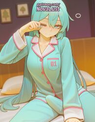 1futa 2025 ai_generated aqua_hair artist_name blurry blurry_background blush futanari hatsune_miku hi_res high_quality high_resolution highres indoors long_hair nail_polish novalust pajamas patreon patreon_username solo stable_diffusion vocaloid watermark