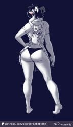 anthro asriel_dreemurr ass big_butt blush boss_monster_(undertale) bottomwear clothed clothing crossdressing crossdressing_male deltarune dracozhilla emo_haircut femboy hi_res horn looking_at_viewer looking_back male mask patreon raised_bottomwear raised_clothing raised_skirt seam_(deltarune) skirt solo text thick_thighs undertale undertale_(series) url wearing_mask