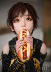 1girl 1girls 3d 3d_(artwork) alternate_version_available artist_name batesz blurry_background clothed_female clothing female female_focus female_only fit fit_female food hot_dog light-skinned_female light_skin lily_artemis_ii pale-skinned_female pale_skin partially_clothed patreon_username short_hair solo solo_female solo_focus stellar_blade toned toned_body toned_female video_game video_game_character video_game_franchise watermark